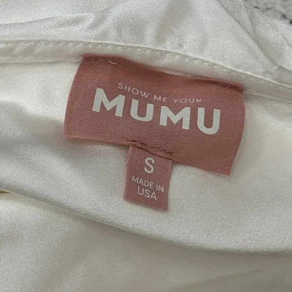 NWOT Show Me Your Mumu Samantha Ruffle Wrap Satin Midi Dress in Luxe Ivory Satin