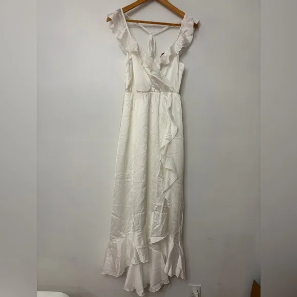 NWOT Show Me Your Mumu Samantha Ruffle Wrap Satin Midi Dress in Luxe Ivory Satin