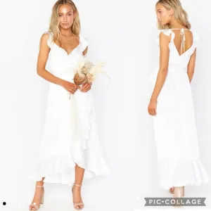 NWOT Show Me Your Mumu Samantha Ruffle Wrap Satin Midi Dress in Luxe Ivory Satin