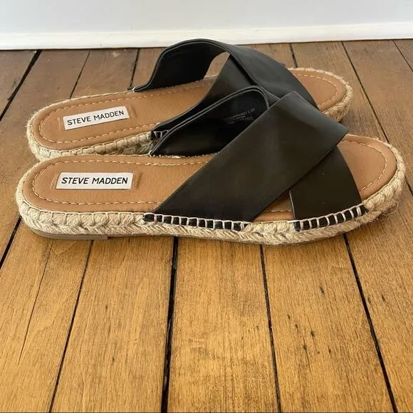NWOT Steve Madden Brienna Black Leather Criss Cross Espadrille Slides Sandal 9.5