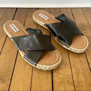 NWOT Steve Madden Brienna Black Leather Criss Cross Espadrille Slides Sandal 9.5