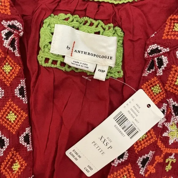 NWT $180 by Anthropologie [ Petite XXS/P ] Embroidered Tunic‎ Dress In Red