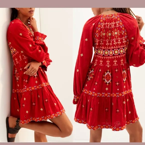 NWT $180 by Anthropologie [ Petite XXS/P ] Embroidered Tunic‎ Dress In Red