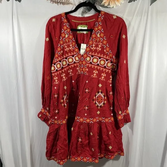 NWT $180 by Anthropologie [ Petite XXS/P ] Embroidered Tunic‎ Dress In Red