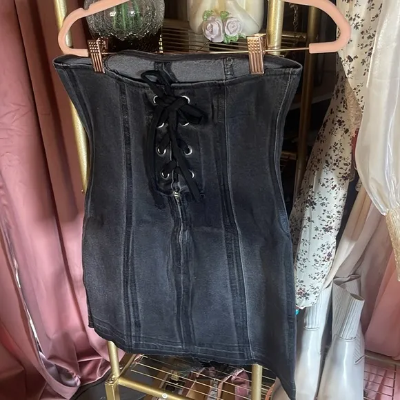 NWT $380 REVOLVE EB Denim Lace-Up Denim Mini Dress in Black Wash