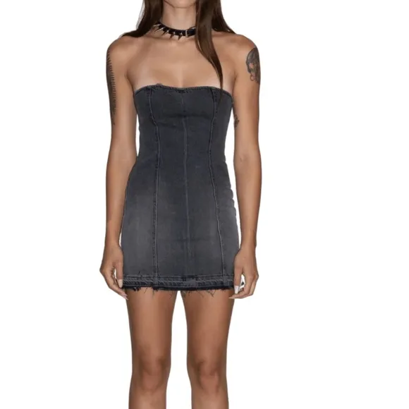 NWT $380 REVOLVE EB Denim Lace-Up Denim Mini Dress in Black Wash
