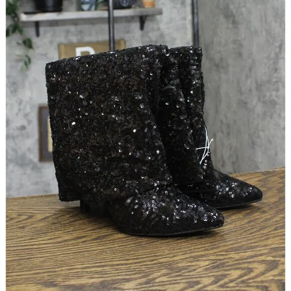 NWT a new day Womens Abba Sequin Foldover Tall Boots 91636693 Black 7M