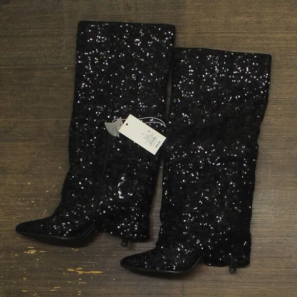 NWT a new day Womens Abba Sequin Foldover Tall Boots 91636693 Black 7M