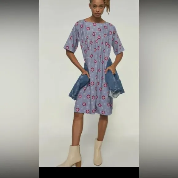 NWT Anthropologie Carleen Floral Tunic Dress Medium $275 HTF Blue White Pockets