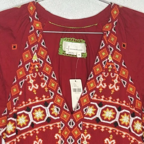 NWT Anthropologie Embroidered Tunic Mini Dress Red Motif XS