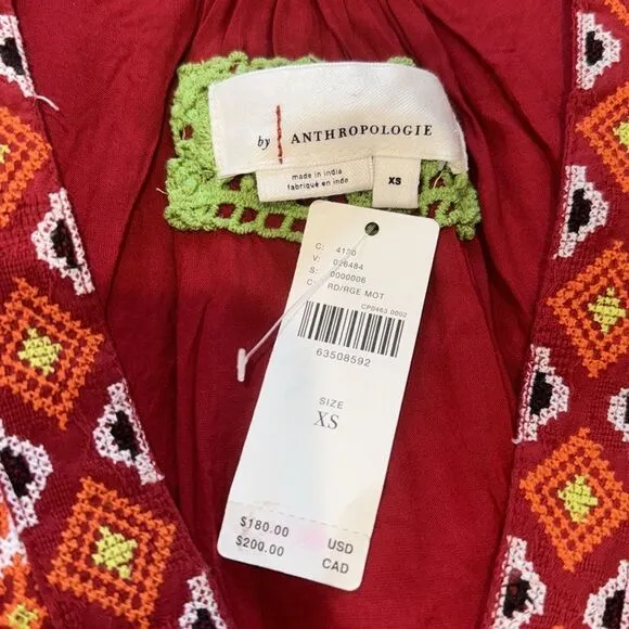 NWT Anthropologie Embroidered Tunic Mini Dress Red Motif XS