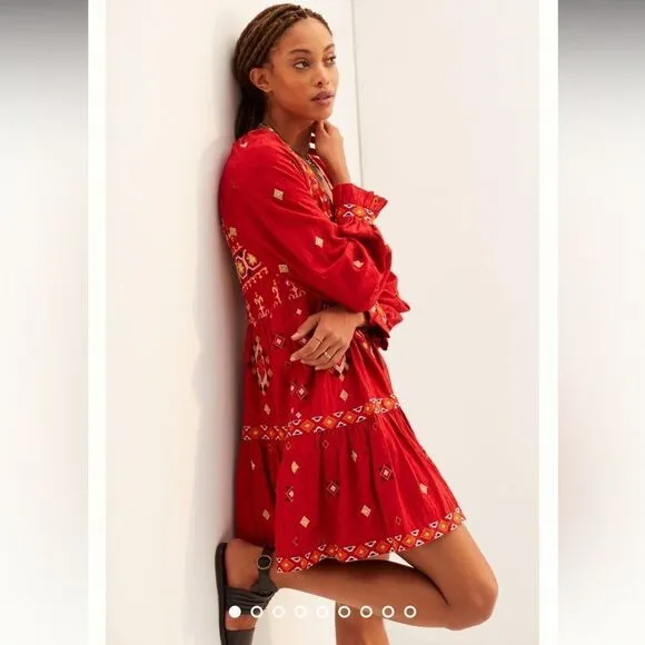 NWT Anthropologie Embroidered Tunic Mini Dress Red Motif XS