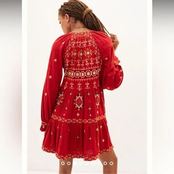 NWT Anthropologie Embroidered Tunic Mini Dress Red Motif XS