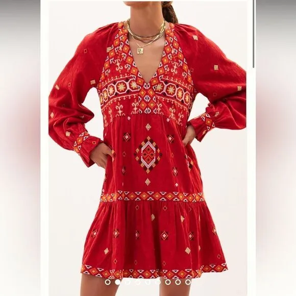 NWT Anthropologie Embroidered Tunic Mini Dress Red Motif XS