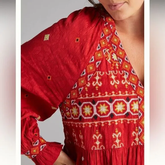 NWT Anthropologie Embroidered Tunic Mini Dress Red Motif XS