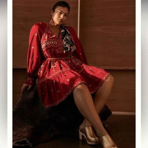 NWT Anthropologie Embroidered Tunic Mini Dress Red Motif XS
