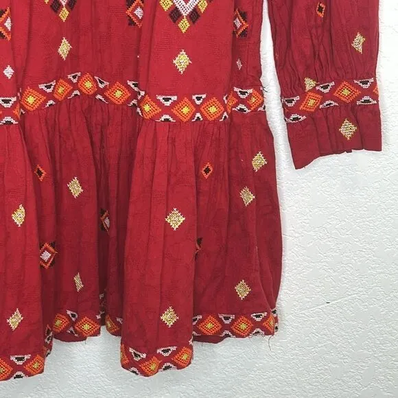 NWT Anthropologie Embroidered Tunic Mini Dress Red Motif XS