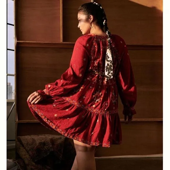 NWT Anthropologie Embroidered Tunic Mini Dress Red Motif XS