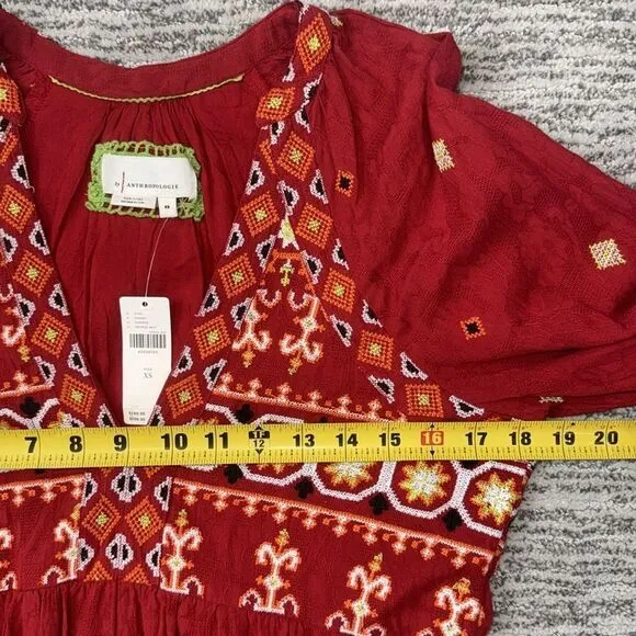 NWT Anthropologie Embroidered Tunic Mini Dress Red Motif XS