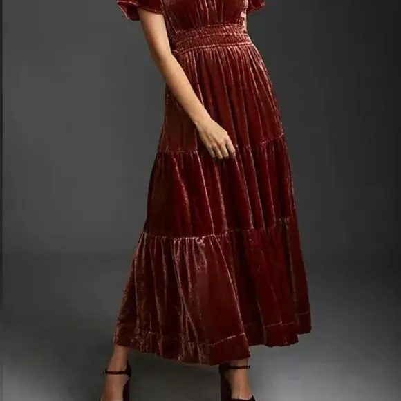 NWT Anthropologie Somerset Velvet Edition Maxi Dress Tiered Rasberry Pink XXS