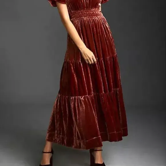 NWT Anthropologie Somerset Velvet Edition Maxi Dress Tiered Rasberry Pink XXS