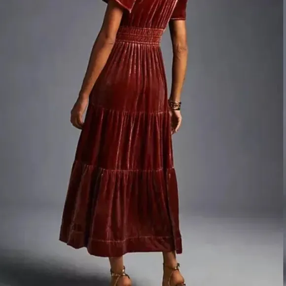 NWT Anthropologie Somerset Velvet Edition Maxi Dress Tiered Rasberry Pink XXS