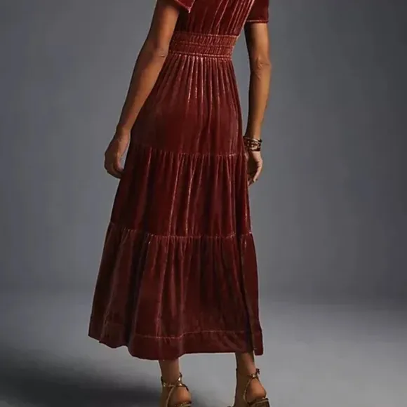 NWT Anthropologie Somerset Velvet Edition Maxi Dress Tiered Rasberry Pink XXS