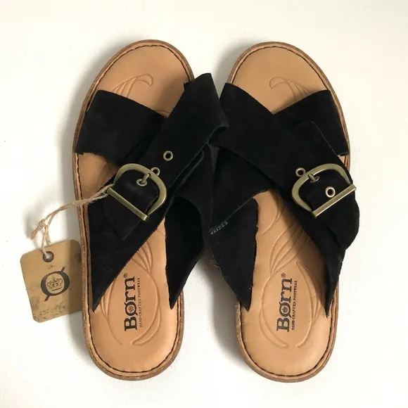 NWT Born Black Suede Leather Buckle Cross Strap Slip-On Sandals Size 8