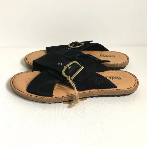NWT Born Black Suede Leather Buckle Cross Strap Slip-On Sandals Size 8