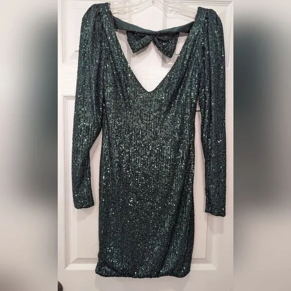 NWT CAROLINE CONSTAS Julia bow-detailed green sequined tulle mini dress open XS