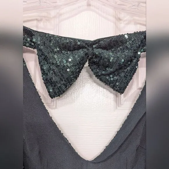 NWT CAROLINE CONSTAS Julia bow-detailed green sequined tulle mini dress open XS