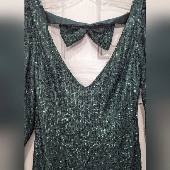 NWT CAROLINE CONSTAS Julia bow-detailed green sequined tulle mini dress open XS