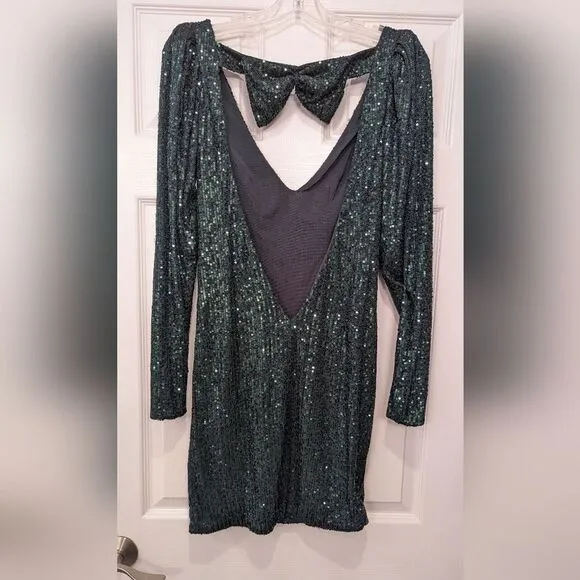 NWT CAROLINE CONSTAS Julia bow-detailed green sequined tulle mini dress open XS