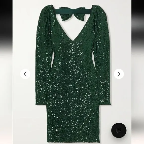 NWT CAROLINE CONSTAS Julia bow-detailed green sequined tulle mini dress open XS