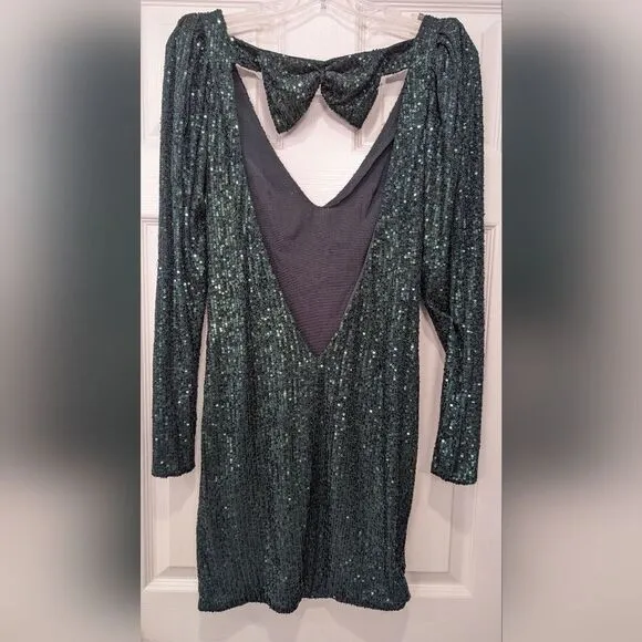 NWT CAROLINE CONSTAS Julia bow-detailed green sequined tulle mini dress open XS