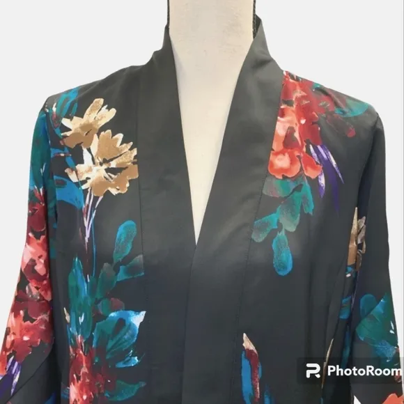 NWT Chico's Drama Duster Tulip Sleeve Jacket Floral on Black 3/4 Sleeve …
