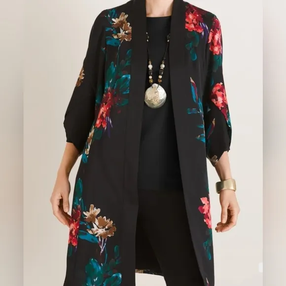 NWT Chico's Drama Duster Tulip Sleeve Jacket Floral on Black 3/4 Sleeve …