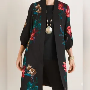 NWT Chico's Drama Duster Tulip Sleeve Jacket Floral on Black 3/4 Sleeve …