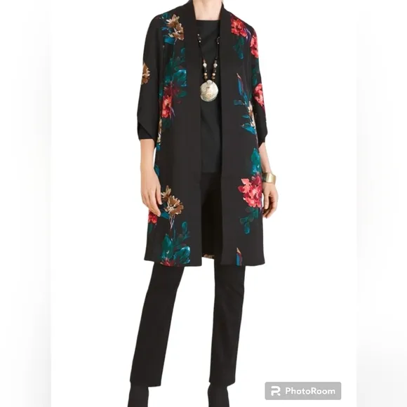 NWT Chico's Drama Duster Tulip Sleeve Jacket Floral on Black 3/4 Sleeve …