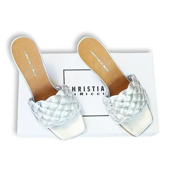 NWT CHRISTIAN DI RICCIO Silver Metallic Braided Band Heel Slip-on Sandals