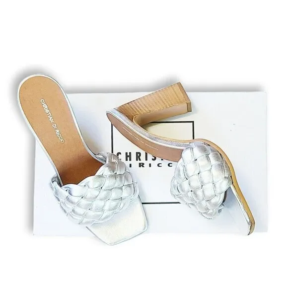 NWT CHRISTIAN DI RICCIO Silver Metallic Braided Band Heel Slip-on Sandals