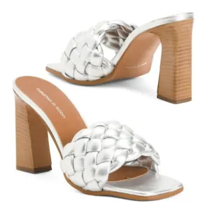 NWT CHRISTIAN DI RICCIO Silver Metallic Braided Band Heel Slip-on Sandals