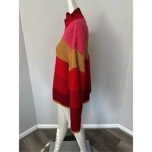 NWT Farm Rio Shiny Stripe Colorblock Turtleneck Pullover Sweater Red Multi Large