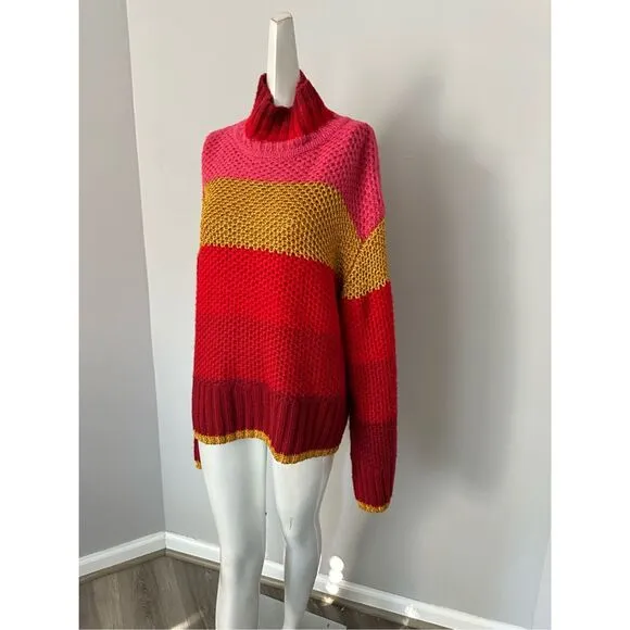 NWT Farm Rio Shiny Stripe Colorblock Turtleneck Pullover Sweater Red Multi Large