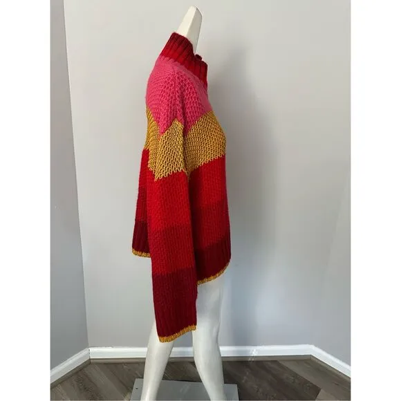NWT Farm Rio Shiny Stripe Colorblock Turtleneck Pullover Sweater Red Multi Large