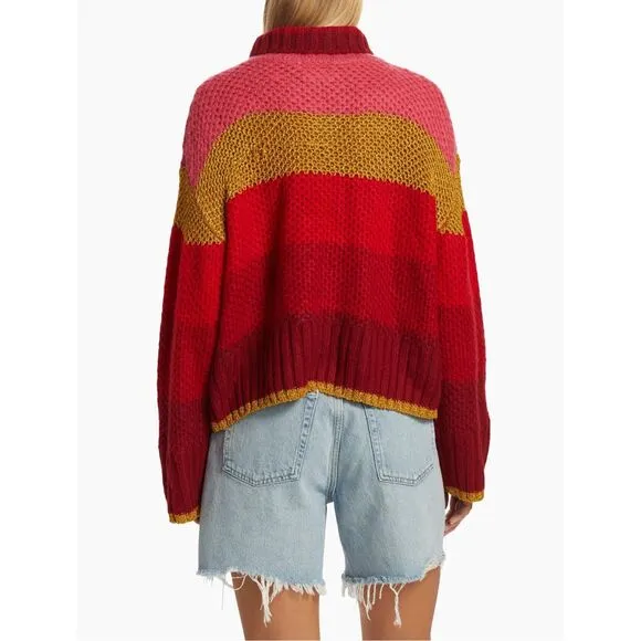 NWT Farm Rio Shiny Stripe Colorblock Turtleneck Pullover Sweater Red Multi Large