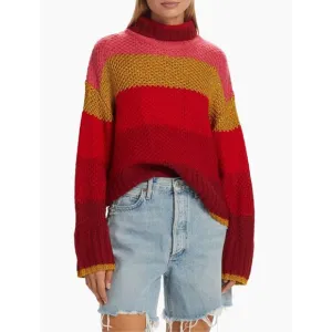 NWT Farm Rio Shiny Stripe Colorblock Turtleneck Pullover Sweater Red Multi Large
