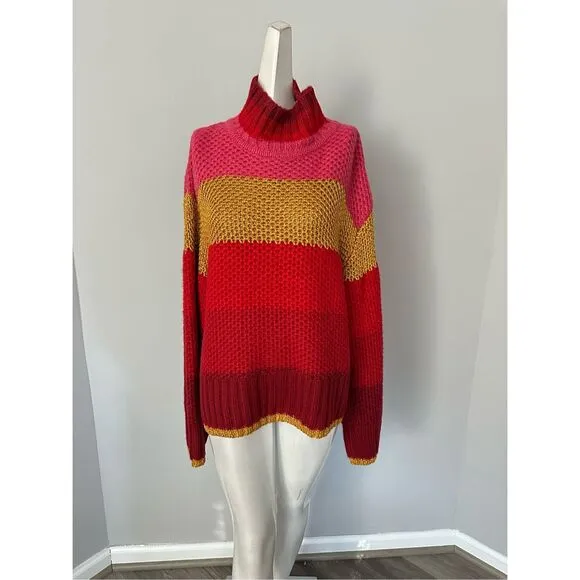 NWT Farm Rio Shiny Stripe Colorblock Turtleneck Pullover Sweater Red Multi Large