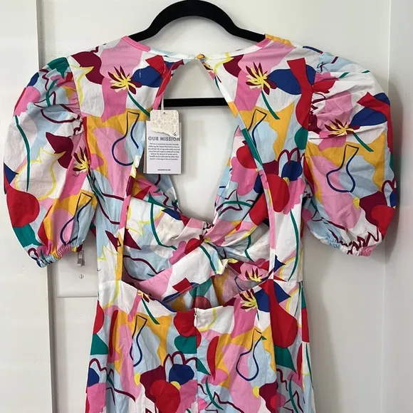 NWT FP x Glamorous Care Abstract Rainbow Print V- Neck Puff Shoulder Mid…