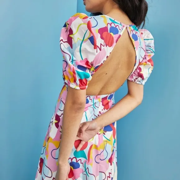 NWT FP x Glamorous Care Abstract Rainbow Print V- Neck Puff Shoulder Mid…